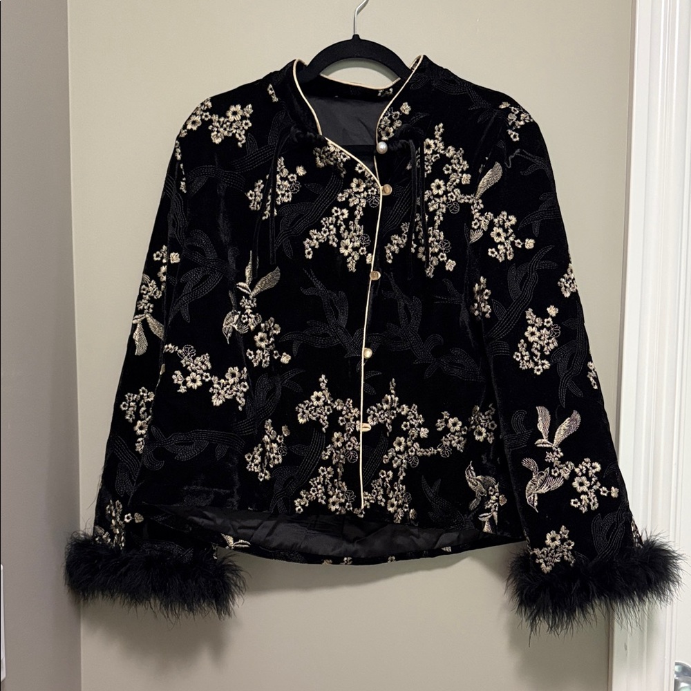 Floral Black Jacket with Feather Trim